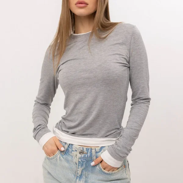 Womens Cotton Long Sleeve Crewneck Casual Tops Tee Color Block Slim Fitted Basic T Shirts