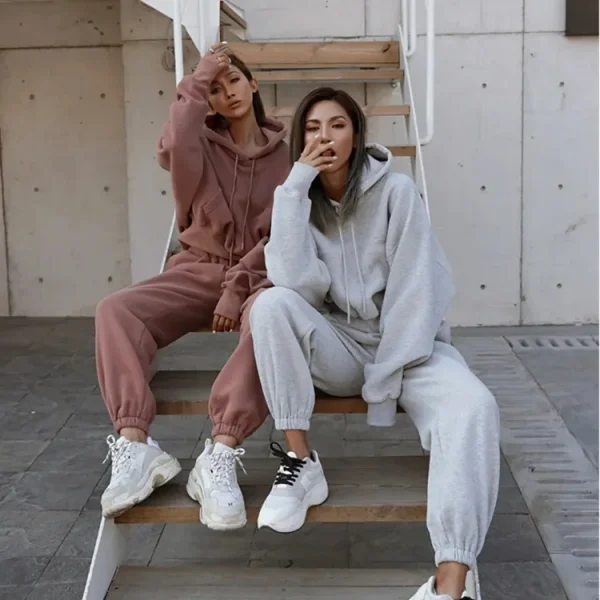 Jogger Gym Crop Top Oversize Hoodie Sweatshirt Two Piece Winter Sets Womens Tracksuits Pants Set