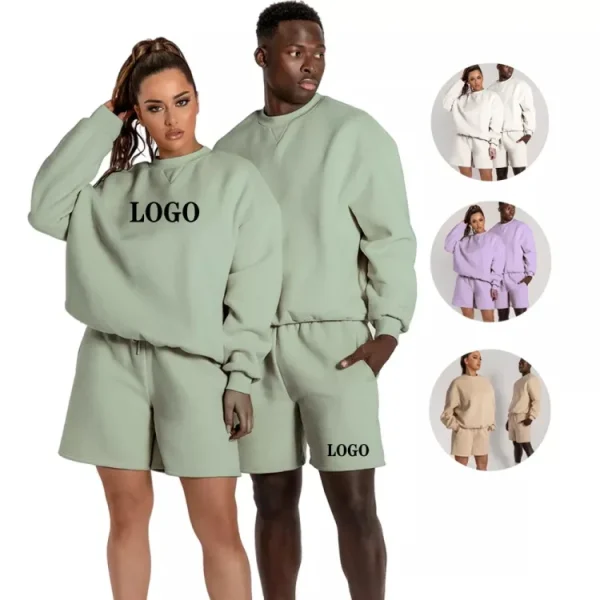 Unisex Crew Neck Cotton Sweatshirt Sweat Suit Set Sweatshirt and Shorts Set Men Women Jogging Sweatsuit - Image 2