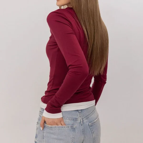 Women's Slim Fitted Casual Basic Crop Top Crew Neck  Contrast Color Patchwork Long Sleeve T-shirt - Image 2