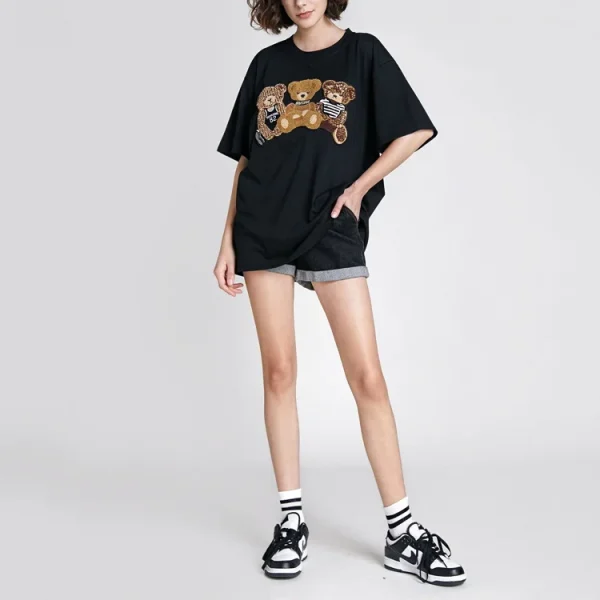 Heavyweight Drop Shoulder Vintage Loose Oversized T Shirt White Teddy Bear Embroidered T-Shirt