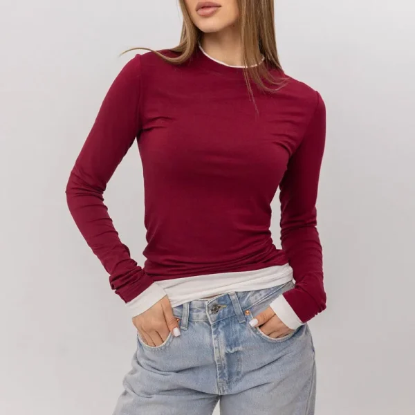 Womens Cotton Long Sleeve Crewneck Casual Tops Tee Color Block Slim Fitted Basic T Shirts - Image 2