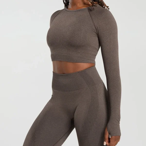 Women's Seamless Crop Tops Body Fit Slim Fit Long Sleeve Cropped Length Crew Neck Activewear