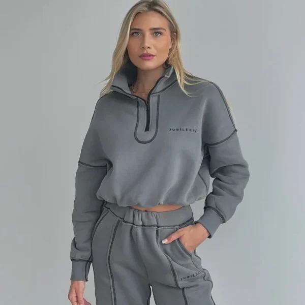 Boutique Womens Streetwear Inverted Stitching Half Zipper Pullover Sweatpants Two Piece Set Women Clothing - Image 5