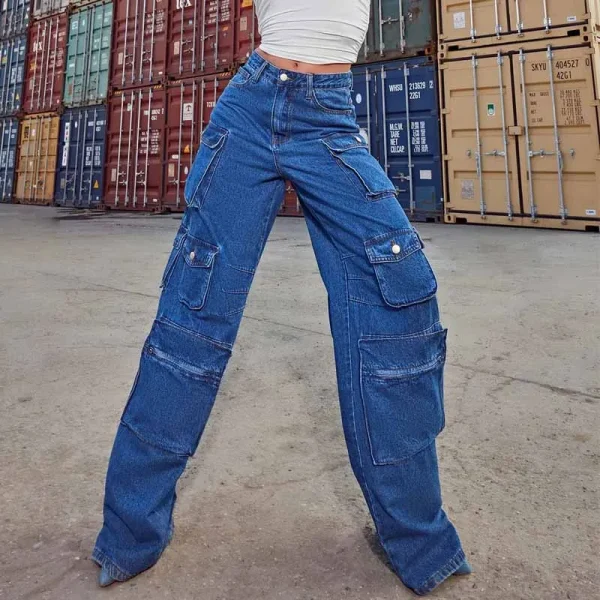 Baggy Wide Leg Denim Pants Women's Jeans Zipper Fly High Rise Cargo Jeans  With Pocket
