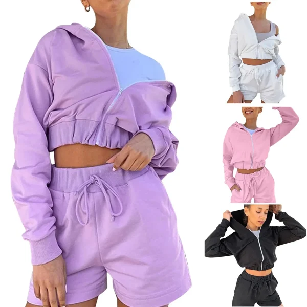 Spring Summer Tracksuit Women 2 Pieces Set Hooded Long Sleeve Hoodies and Shorts Female Casual Suit 2025 New Sport Wear Outfits