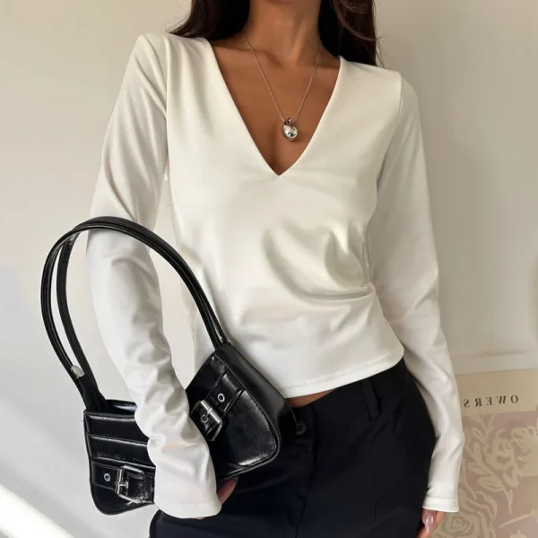Summer Women's Casual Basic T Shirts Deep V Neck Sexy Long Sleeve Crop Top - Image 2