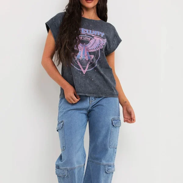 Acid Wash T Shirt With Print Washed Grey Short Sleeve Block Tee for Women - Image 2