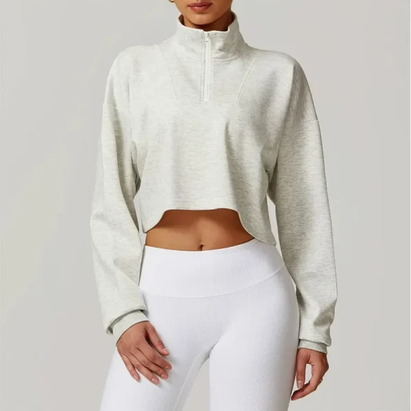 Breathable Cotton Women's Fitness Sportswear Crop Tops Long Sleeves Turtleneck Half Zip Crop Sweatshirts