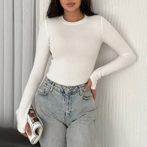 Womens Ribbed Shirts Crewneck Fitted Tops Casual Underscrubs Layer Slim Basic T-Shirts with Thumb Hole - Image 3