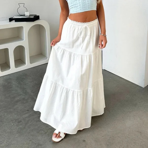 Women Flowy Long Skirt Summer Pleated Elastic High Waisted Casual Tiered Maxi Skirt - Image 2