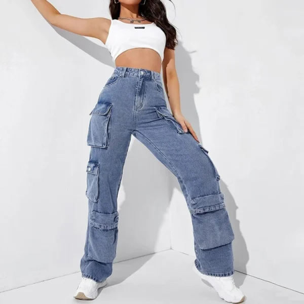 High Quality High Waisted Cargo Pockets Denim Pants Wide Legs Street Wear Baggy Cargo Jeans for Women - Image 3