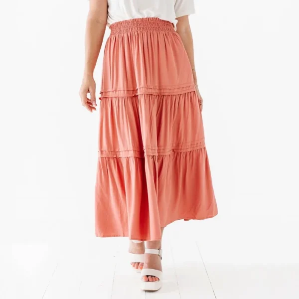 Womens Summer Flowy Boho Midi Maxi Skirt Elastic High Waist a Line Pleated Tiered Trendy Beach Long Skirts with Pockets