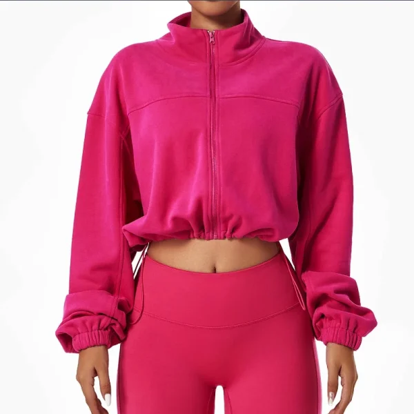 Long Sleeve Drawstring Hem Cropped Sport Jackets Top Women Zip up Stand Collar Crop Workout Sweatshirt - Image 6