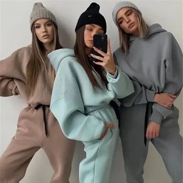 Women Sweatsuits Jogger Jumpers Gym Workout Thick 2 Piece Women Set Crop Top Oversize Sweatpants and Hoodie Set