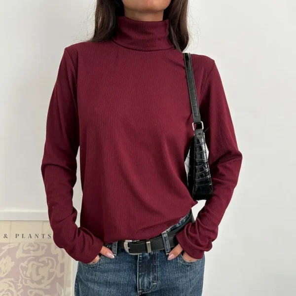 Women's Long Sleeve Casual Going Out Basic Shirts Turtleneck Ribbed Knit Tops - Image 2