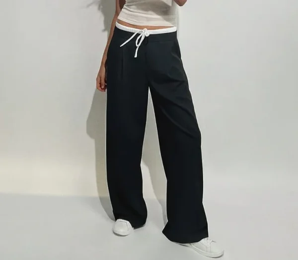 Women's Double Waist Wide Leg Pants  Adjustable High Elastic Waistband Front Darts Back False Welt Pocket Stylish Design - Image 4