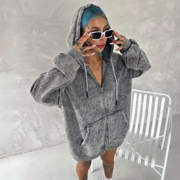 Women 2 Piece Outfits Sweatsuit Acid Wash Oversized Zip up Hoodie Sweatpants Matching Fleece Heavyweight Tracksuit Set - Image 4