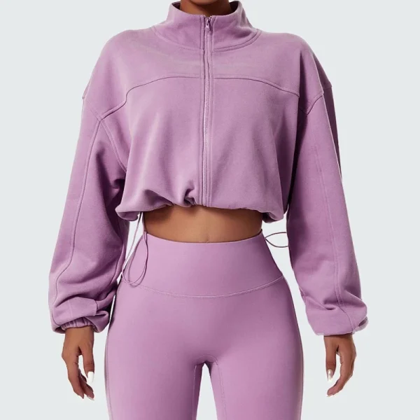 Long Sleeve Drawstring Hem Cropped Sport Jackets Top Women Zip up Stand Collar Crop Workout Sweatshirt