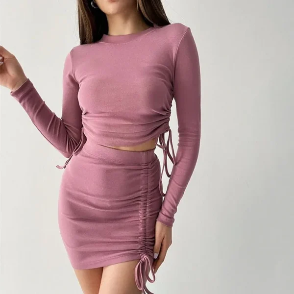 Women Clothing Summer Two Piece Skirt Outfits Side Ruched Crop Top and Bodycon Mini Skirt Matching Sets