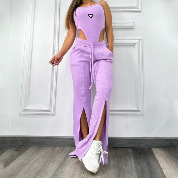 Women Clothing Summer Sexy Casual Outfits Sleeveless Two Piece Sets Cotton Bodysuit and Split Wide Leg Pants Matching - Image 4