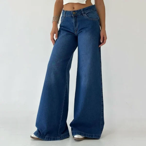 Women's Washed Blue High Waisted Loose Denim Pants Wide Leg Baggy Boyfriend Jeans