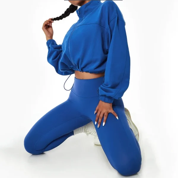 Long Sleeve Drawstring Hem Cropped Sport Jackets Top Women Zip up Stand Collar Crop Workout Sweatshirt - Image 4