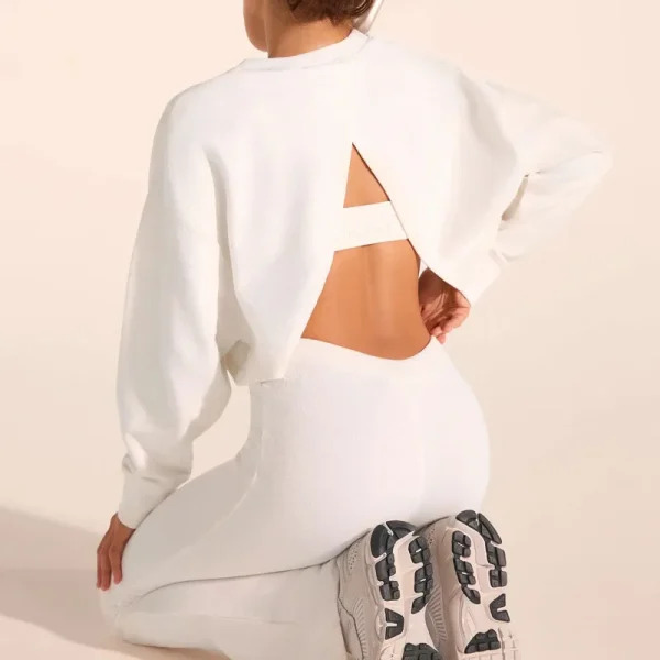 Two Piece Set Women Clothing Casual Gym Sportswear Outfits Cotton Cut Out Crop Crewneck Sweatshirt and Wide Leg Pants Matching - Image 3