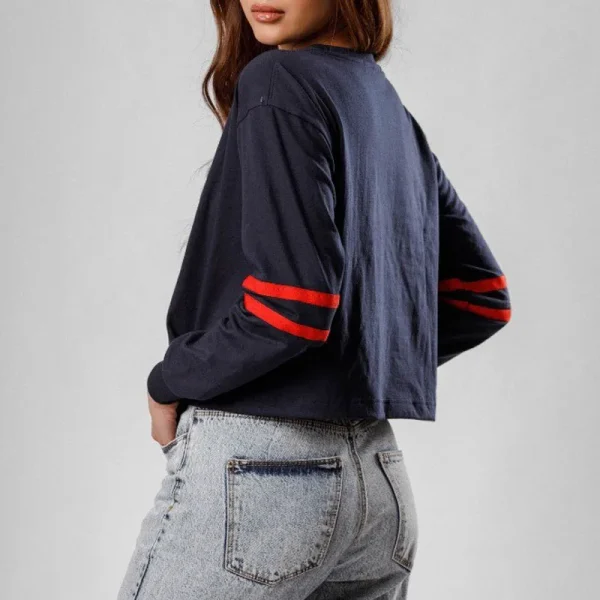 Women Long Sleeve Stripe Crop Tops Loose Crew Neck Cropped T-Shirts Drop Shoulder Casual Basic Tees - Image 3