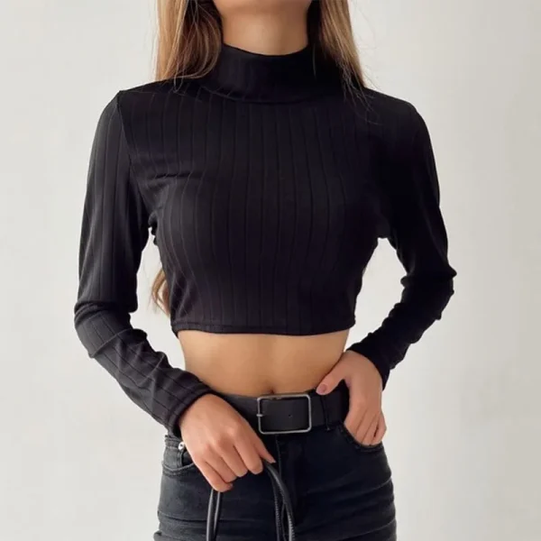 Women's Mock Neck Turtleneck Long Sleeve Crop Top Form Fitting Ribbed Knit t Shirts - Image 5