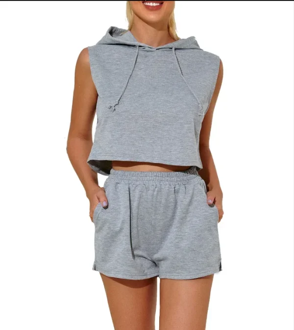 Women's Sportswear Cropped Shorts Sleeveless Hoodie With Shorts Set Drawstrings Lady Hoodie Elastic Waist