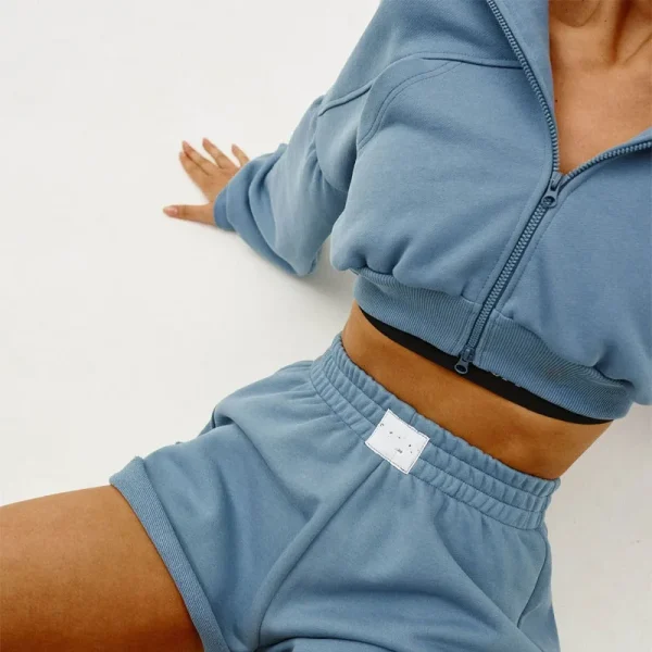 High Quality Women's Heavyweight Cotton Zip up Oversized Cropped Hoodie Hoodie and Shorts Tracksuit 2 Piece Set - Image 4