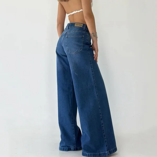 Women's Washed Blue High Waisted Loose Denim Pants Wide Leg Baggy Boyfriend Jeans - Image 2