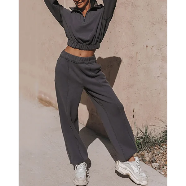 Fast Women Fashion Crop Hoodies Sets Autumn Striped Zipper Turtleneck Sweatshirt and Jogger Sets - Image 2