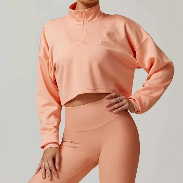 Breathable Cotton Women's Fitness Sportswear Crop Tops Long Sleeves Turtleneck Half Zip Crop Sweatshirts - Image 3