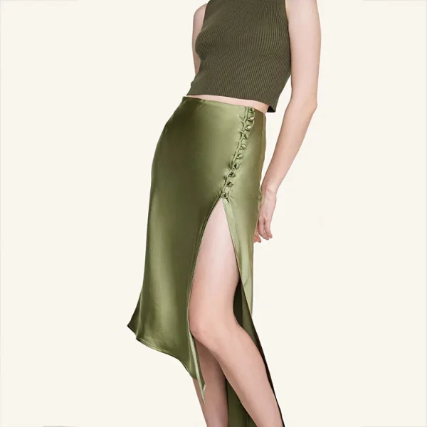 Women Casual High Quality Sexy Satin Side Slit Asymmetric Wrap Midi Skirt - Image 2