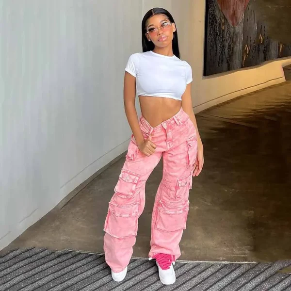 Baggy Wide Leg Denim Pants Women's Jeans Zipper Fly High Rise 6 Pockets Cargo Jeans Vintage Old Jeans - Image 3