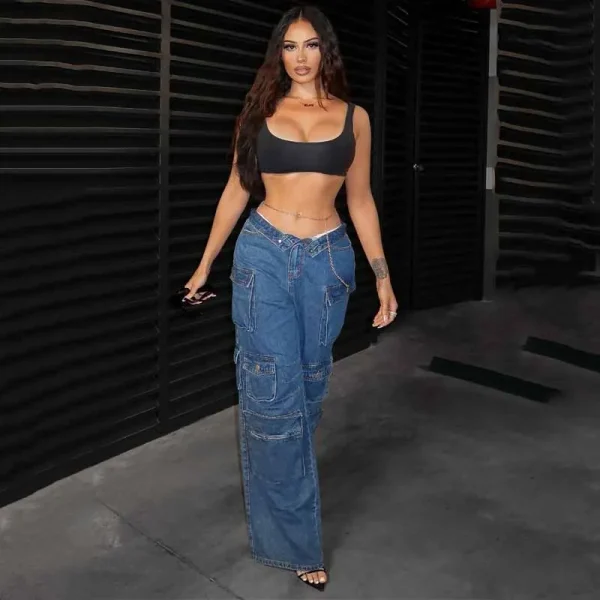 Baggy Wide Leg Denim Pants Women's Jeans Zipper Fly High Rise Cargo Jeans  With Pocket - Image 2