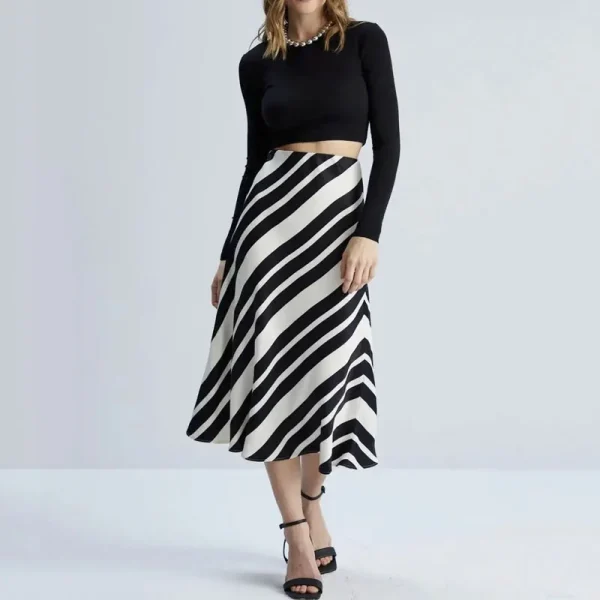 Women's Casual Summer High Waisted a Line Stripes Ruffled Striped Midi Satin Skirt - Image 4