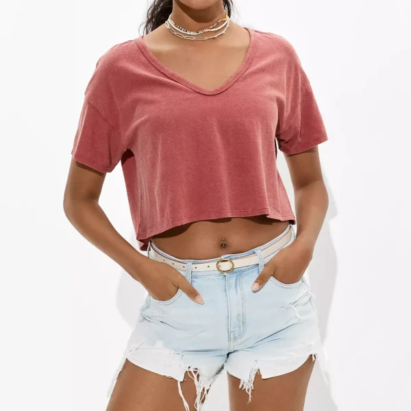 Women's Tee Boxy Fit Cropped T-shirt V-Neck Solid Color Sweatshirt Short Sleeve Tee for Women High Quality