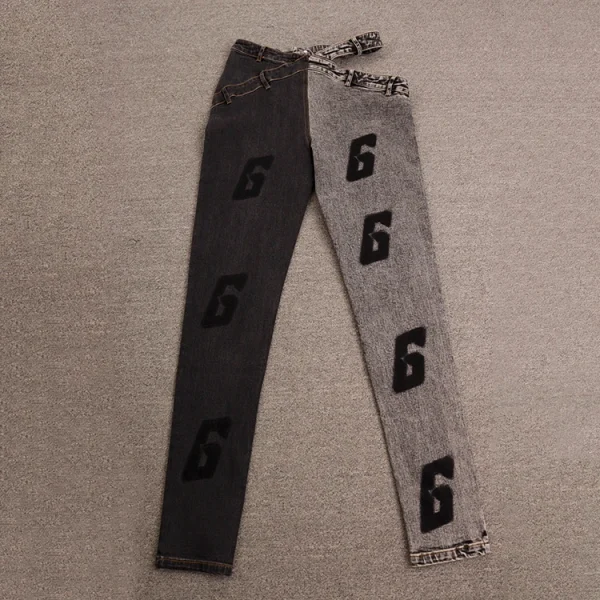 Women Designer Casual Two-tone Skinny Washed Letter Hollow Denim Jeans Trousers - Image 5