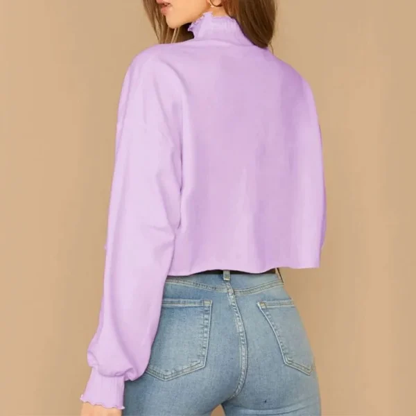 Womens Cotton Casual Crop Tops Long Sleeve  Blank Mock Neck T Shirts - Image 2