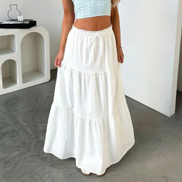 Women Flowy Long Skirt Summer Pleated Elastic High Waisted Casual Tiered Maxi Skirt - Image 4
