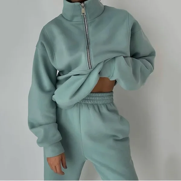 Designer Women Sweat Suit Tracksuit Half Zip Fleece Stand Collar Sweatshirt Jogger Pants Two Piece Set - Image 4