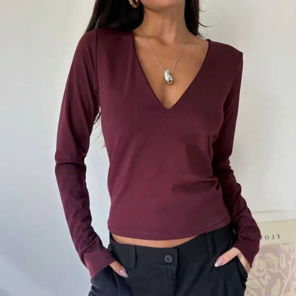 Summer Women's Casual Basic T Shirts Deep V Neck Sexy Long Sleeve Crop Top - Image 5