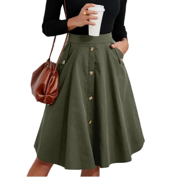 Ladies Midi Women's Skirts Elegant Baggy with Button High Waist French Pocket Empire Waistline Breathable Low Price