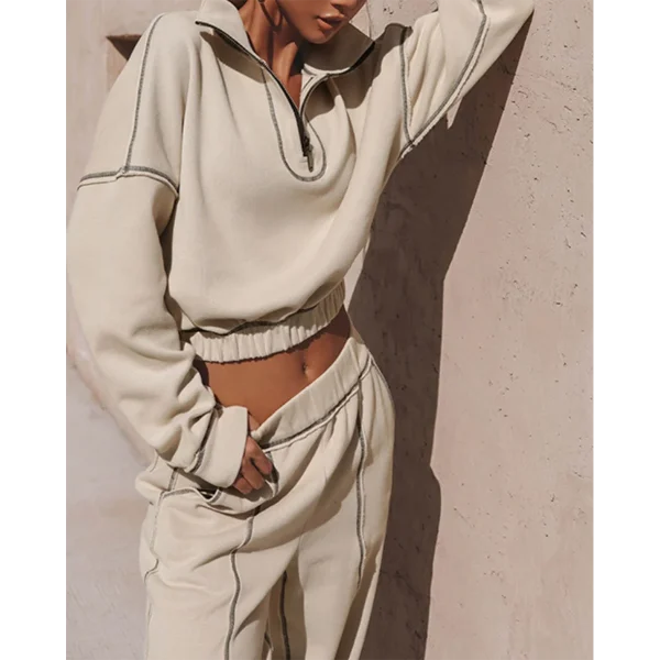 Half Zip Pullover Tracksuit Jogging Crop Top Windbreaker Jacket Two Piece Pants Set Women - Image 2