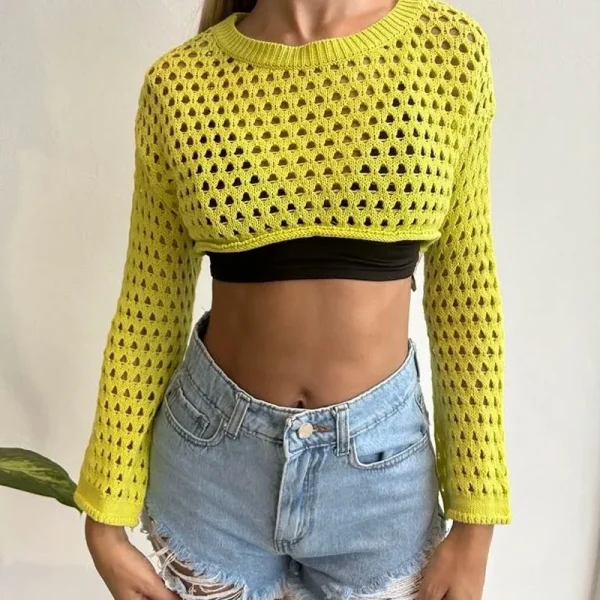 Womens Fishnet Crochet Crop Top Summer Sexy Long Sleeve Hollow Out Top Cover Ups Bikini Swimsuit Tunic Pullover Tops - Image 6