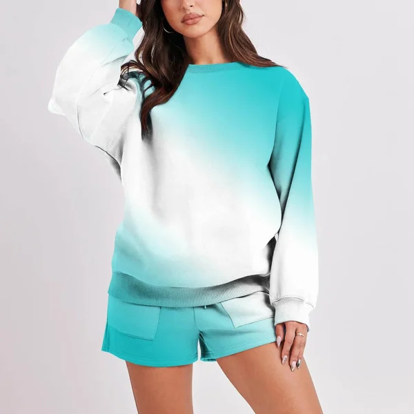 Women's Gradient Crew Neck Sweat Short Suits Streetwear Sport Oversized Tracksuits - Image 2