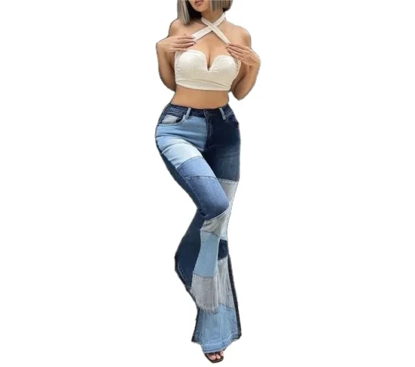 2025 Autumn and Winter Fashion Casual Women's Street Retro Splicing Flared High Waist High Elasticity Elegant Ladies Jeans Blue - Image 6